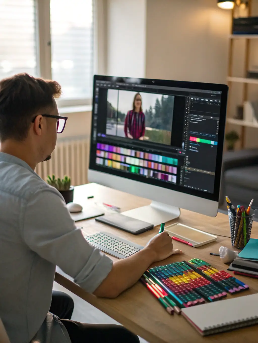 A video editor working on a promotional video for a hotel, showcasing the agency's video production services.